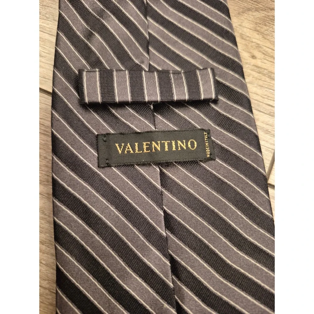 Valentino Mens‎ Silk Necktie Black Grey Diagonal Striped Made in Italy Tie